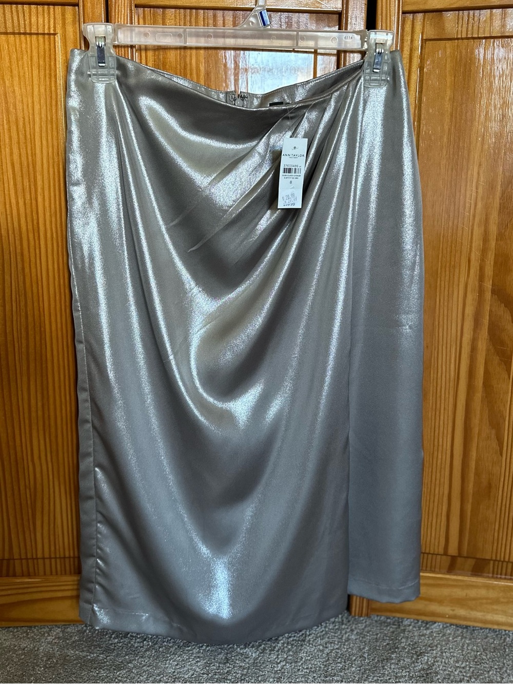 Ann Taylor Factory Metallic Silver Faux Wrap Midi Skirt – NWT – Size 8